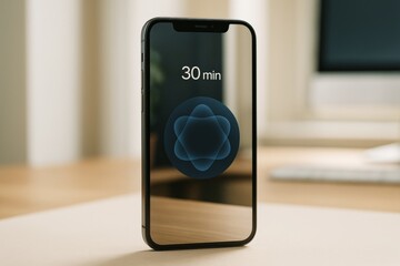 Smartphone with meditation timer app displaying 30-minute session on screen, placed on desk in bright lifestyle background with soft light. Ai generative