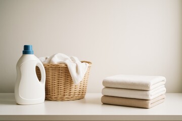 Clean laundry detergent bottle, wicker basket with white towels, and folded towels on bright surface in minimal light interior background. Ai generative