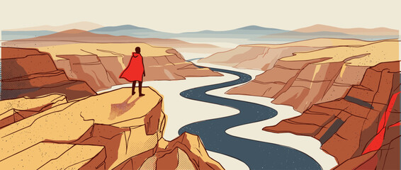 Heroic figure in a flowing red cape stands on a cliff edge overlooking a vast canyon landscape in a minimalist comic book style illustration