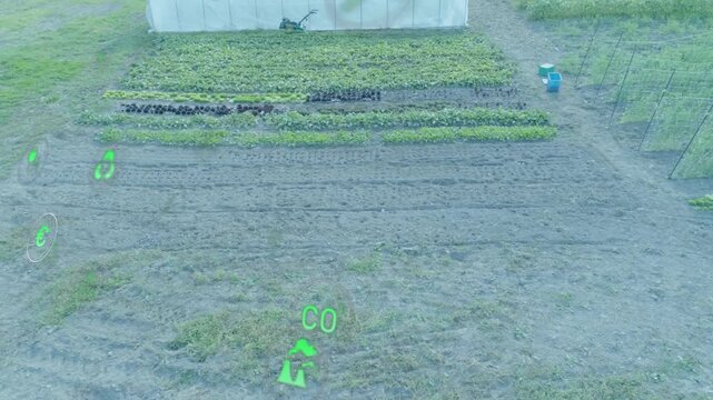 Eco-icons appearing driving drone past trays toward greenhouse showing sustainable farming metrics