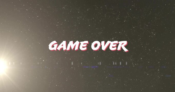 Camera pulling back from closeup while 3D stylized Game Over text flickering and revealing message