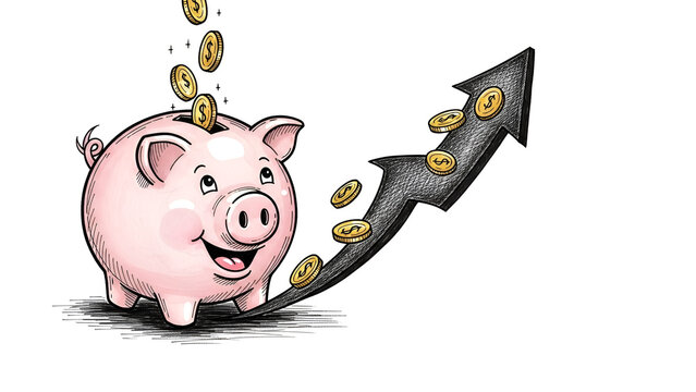 Piggy bank overflowing with coins and an upward trending arrow symbolizing financial growth and investment success