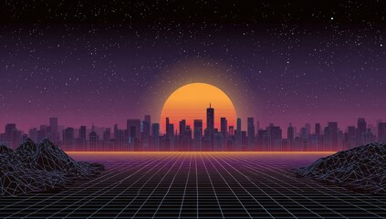 Retro sunset over city skyline with grid perspective and starry night