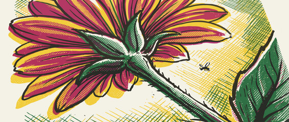Obraz premium Vibrant magenta and yellow flower illustration in a retro comic book style with bold outlines and halftone dots, viewed from a low angle with a small insect flying nearby