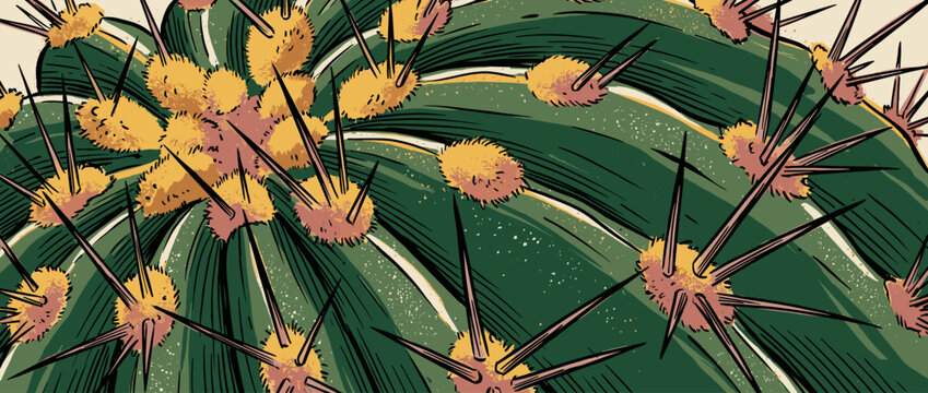 Green cactus plant with sharp spines and yellow areoles is depicted in a detailed graphic illustration with a bold, modern, hand-drawn style and a limited color palette