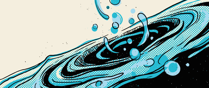 Dynamic comic book style water splash illustration with swirling blue liquid, energetic drops, bold black ink lines, and retro halftone dot patterns