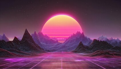 Retro sunset over mountains with digital grid landscape design