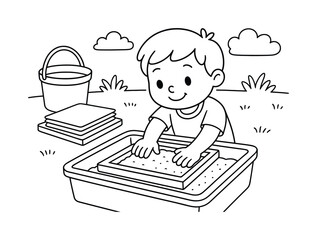 Children Making Paper. Handmade paper making children?s coloring book illustration, outlined drawing, child pressing wet pulp in a simple frame to make paper