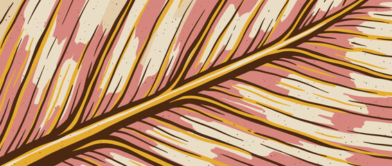 Fototapeta premium Stylized tropical leaf illustration with a bold graphic pattern and a warm retro color palette of pink, brown, and yellow, showing a detailed close-up of the veins and texture