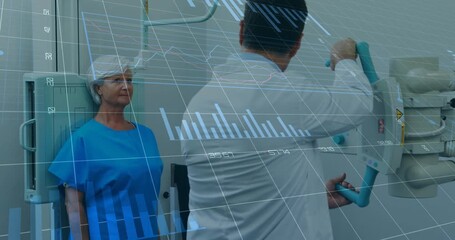Medical technician adjusting C-arm while patient holding still and calibration charts appearing - Powered by Adobe