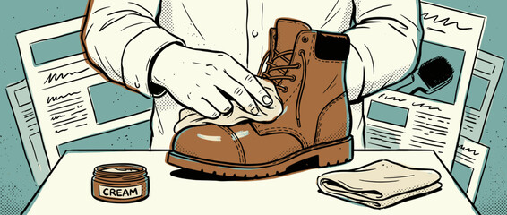 Brown leather work boot being carefully cleaned by a person's hands with a cloth and cream in a detailed, retro comic book illustration style on a table