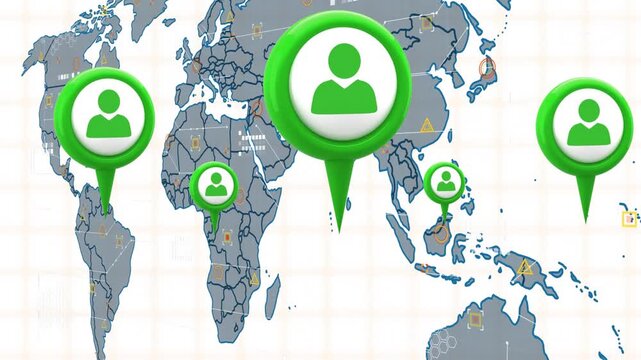 Map appearing pins dropping on grid as icons fading and South Asia pin enlarging emphasizing focus