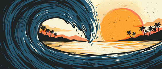 Naklejka premium Large blue curling ocean wave illustration shows a tropical beach with palm trees and a warm sunset, depicted in a retro comic book art style with bold lines and halftone textures