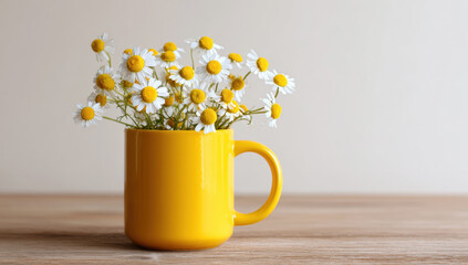 Daisy bouquet arranged in rustic yellow enamel mug on old wooden table, creating a simple still life