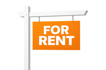 Orange for rent real estate sign on a white post, presenting property leasing or rental advertising with transparent background