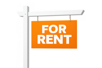 Orange for rent real estate sign on a white post, presenting property leasing or rental advertising with transparent background