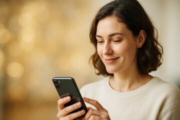 Smiling woman using smartphone with thoughtful mind and soft expression on golden light background, concept of digital connection and mindfulness. Ai generative