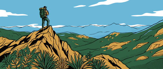 Lone hiker with a large backpack stands on a mountain summit, looking out over a vast green valley in a retro comic book style illustration with halftone details