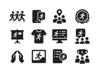 Running Community Icons. Running community. Solid icon set of Running community: group run icon, social feed, meetup icon, runner club badge, event board, team