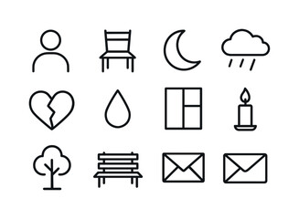 Loneliness Icon Set. Loneliness. Line icon set of Loneliness: person silhouette, empty chair, moon, cloud, rain, heart, tear, window, candle, tree, bench,