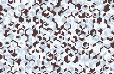 Abstract geometric pattern. Seamless design featuring a chaotic yet balanced arrangement of light blue, white, and dark brown cubes. Ideal for backgrounds, textiles, or modern branding.