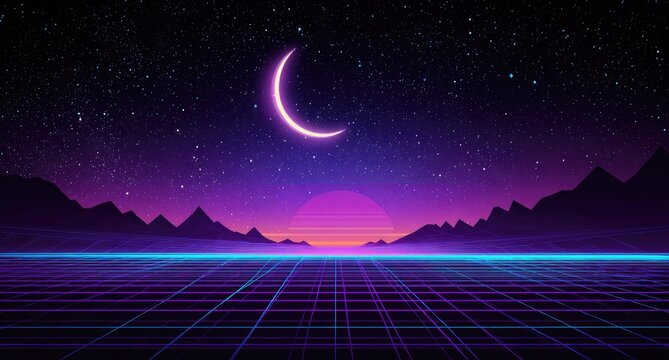 Neon crescent moon over mountains at sunset digital retro illustration