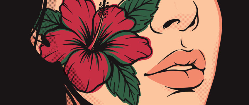 Beautiful woman's face with a red hibiscus flower in her hair, rendered in a pop art comic book style with bold black outlines and a halftone dot pattern for shading