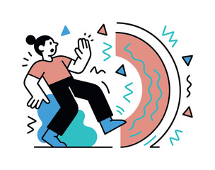 Heat Wave Reaction. Heat Shock Moment. A figure steps back with a hand raised, as a wave of intense heat expands outward in a dramatic geometric arc. Floating