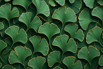 Abstract background pattern of green ginkgo leaves with golden edges in layered artistic style on dark background. Ai generative. Ai generative