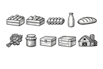 Hand-drawn sketches of farm produce including milk, bread, and vegetables