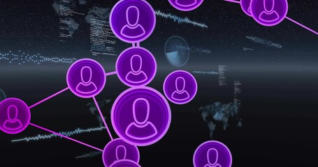 Glowing purple spheres drifting, pink lines linking avatar icons and forming network with world map - Powered by Adobe