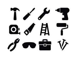 Obraz premium Home Improvement Icons. Home improvement. Solid icon set of home improvement: hammer, screwdriver, wrench, drill, measuring tape, saw, ladder, paint roller,