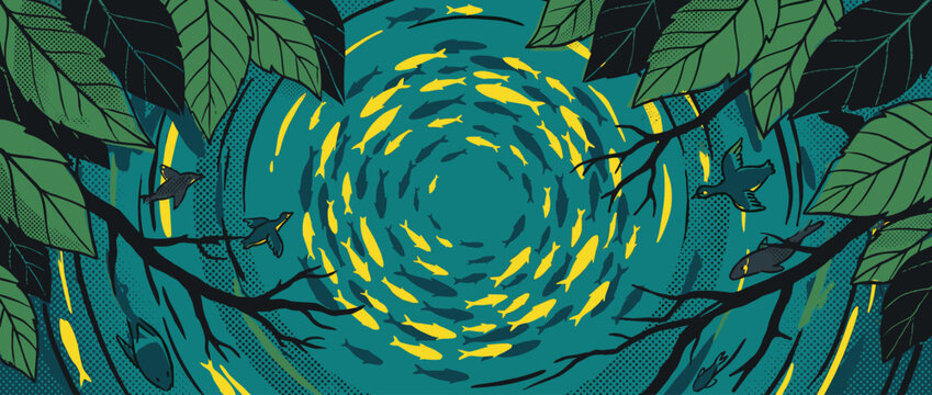 School of yellow and dark fish swims in a dynamic circular pattern in a vibrant pop art style illustration with birds and lush jungle leaves