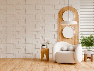 Minimalist living room mockup featuring a curved white armchair against a 3D geometric textured wall in soft cloud dancer 2026 tones- 3D rendering