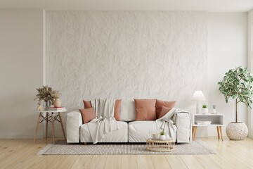 Cozy living room interior with a white sofa, terracotta cushions, and a rustic plaster wall highlighting the cloud dancer 2026 aesthetic- 3D rendering