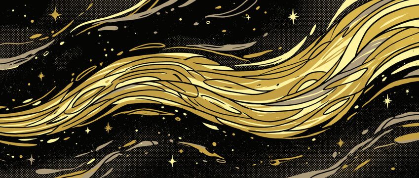 Flowing golden wave with bold outlines in a dramatic comic book art style, swirling through a starry night sky with elegant halftone dot textures