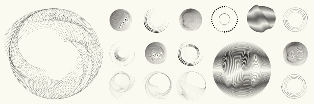 Linear, circular halftone dots circles set, dotted ring and spiral circle shapes for modern design, technology, or motion graphic backgrounds. Dotted round elements, radial spirals, and vortex.
