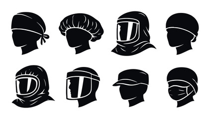 Silhouette icons of diverse protective headgear