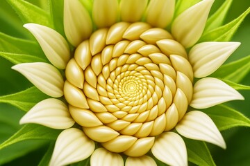 Close-up of abstract yellow flower with spiral petal pattern and green leaves on soft background, symbolizing natural symmetry and plant design concept.