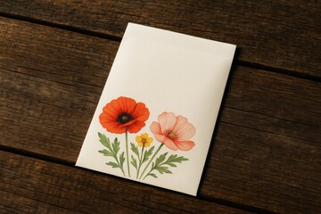 Floral illustrated envelope on rustic wooden background with natural lighting, showcasing botanical stationery concept in elegant minimal layout. Ai generative