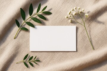 Minimalist blank card mockup with green leaves and small white flowers on beige fabric background for elegant branding presentation design layout. Ai generative