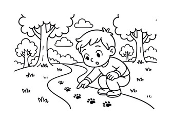 Animal Trail Adventure. Tiny animal trail children?s coloring book illustration, outlined drawing, child noticing small paw prints leading down a friendly