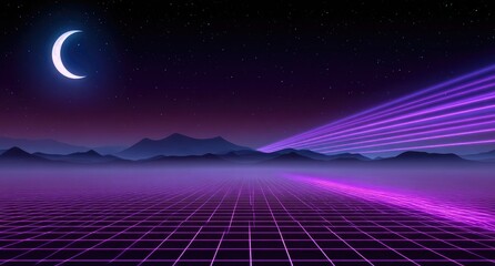 Neon landscape with crescent moon and grid lines evokes synthwave aesthetic
