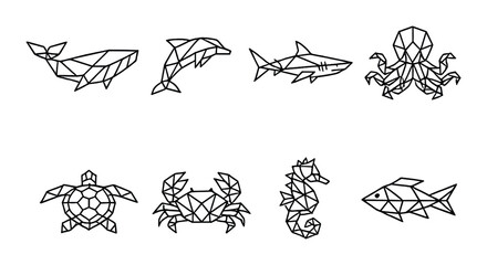 Geometric sea creatures: whale, dolphin, shark, octopus, turtle, crab, seahorse, fish