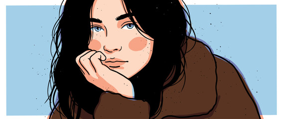 Beautiful young woman with black hair and blue eyes rests her chin on her hand in a thoughtful pose, depicted in a stylish comic book art illustration with a pensive mood