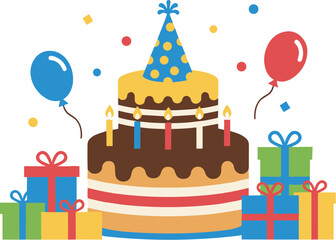 Flat Style Birthday Celebration Cake with Balloons and Present Illustration