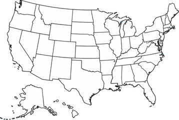 Simple Outline Map of United States of America Showing All States