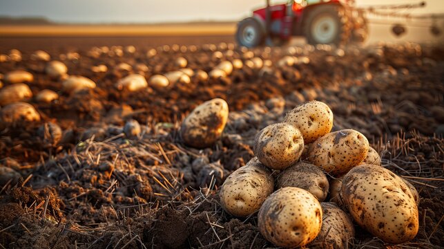 Vibrant farm scene featuring freshly dug potatoes with clear copy space for harvest headlines