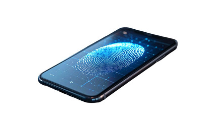 Smartphone with illuminated fingerprint scanner, futuristic black background