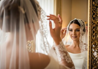 Bride adjusting veil in mirror